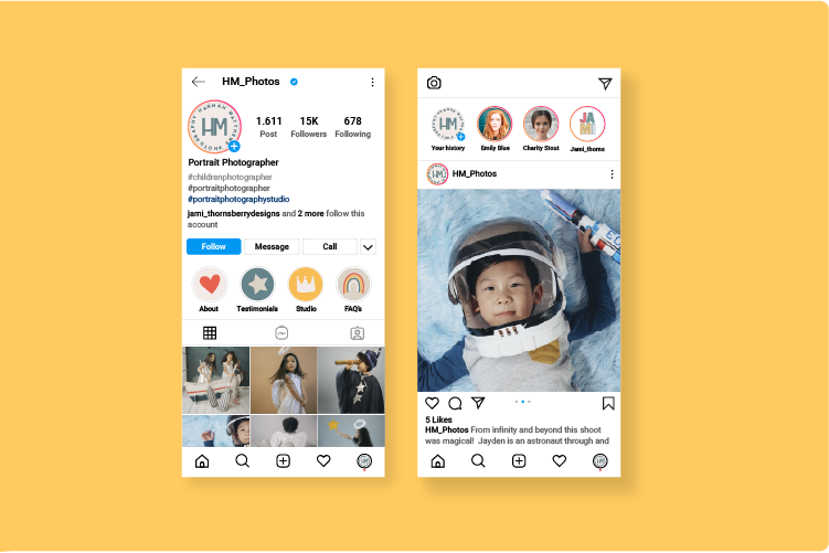 Social Media pages reflecting the brand identity for a children's portrait studio